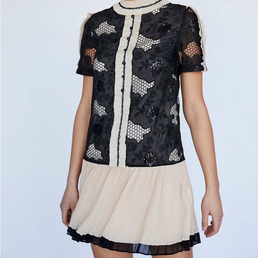Sui by Anna Sui tan and black floral embroidery mini dress, NWT, sz: S